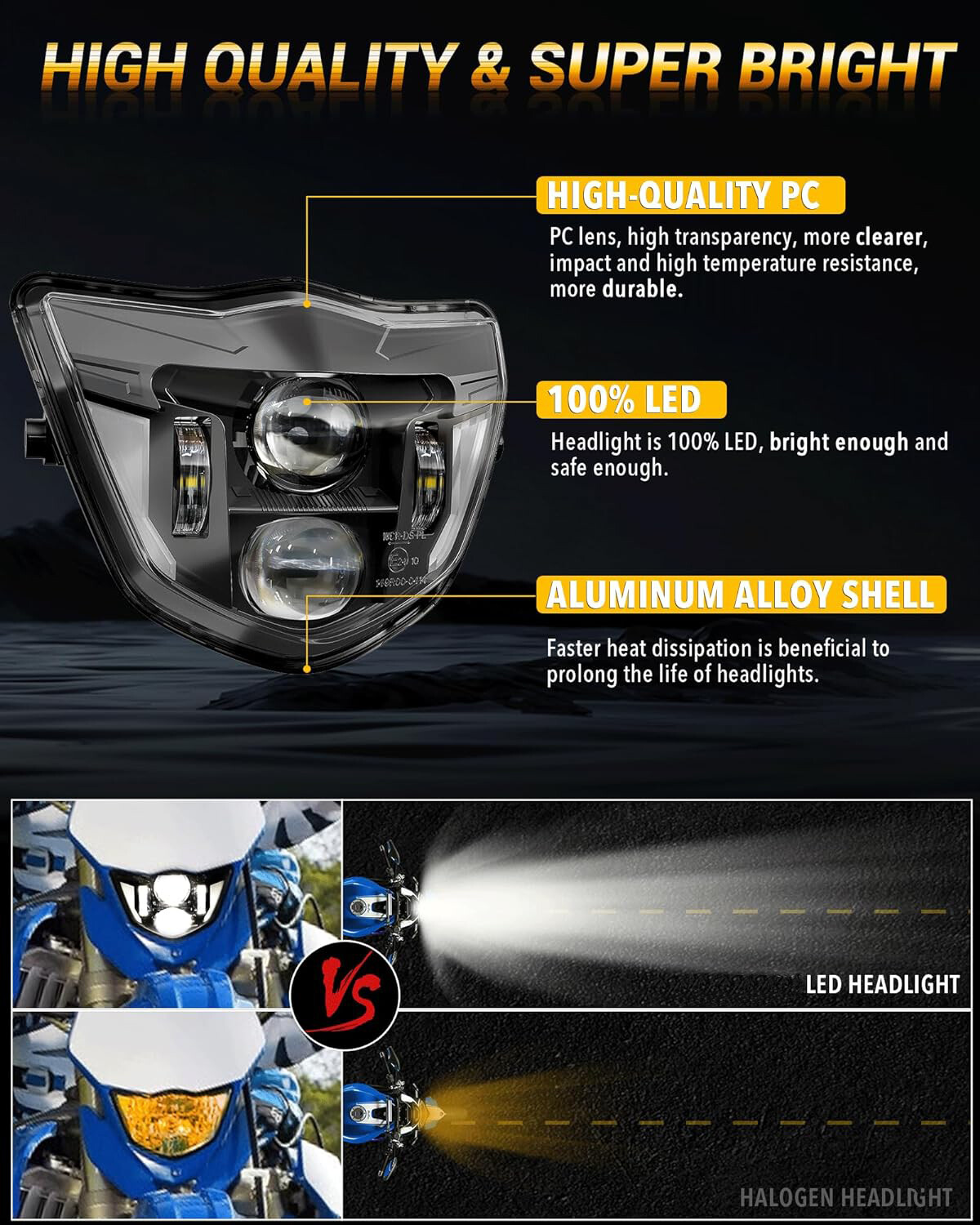 LED Headlight High Low Beam DRL Black Bezel For YAMAHA WR250F WR450F 2007-2024
