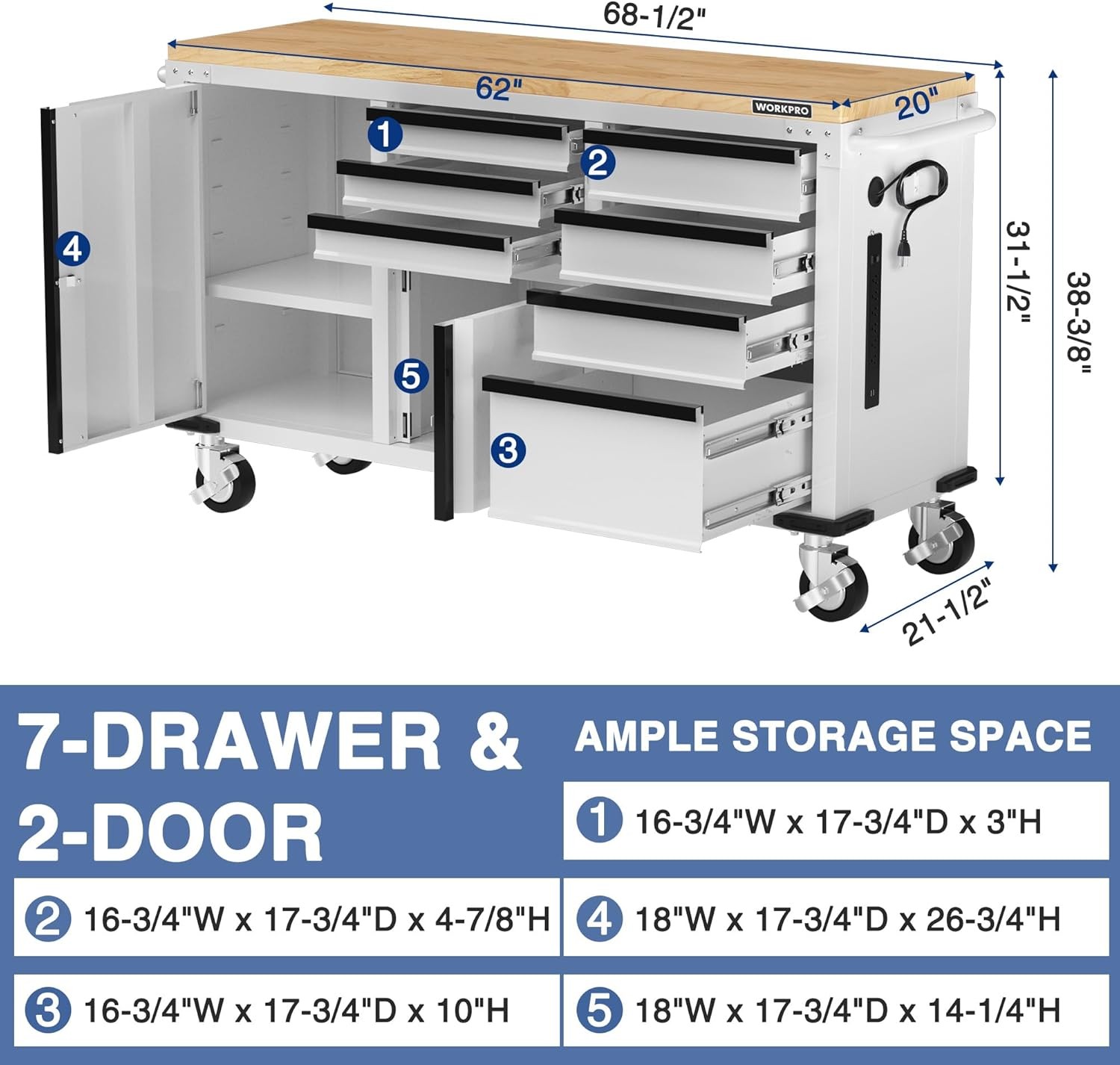 WORKPRO 62" 7-Drawers Heavy Duty Rolling Tool Chest Mobile Tool Storage Cabinets