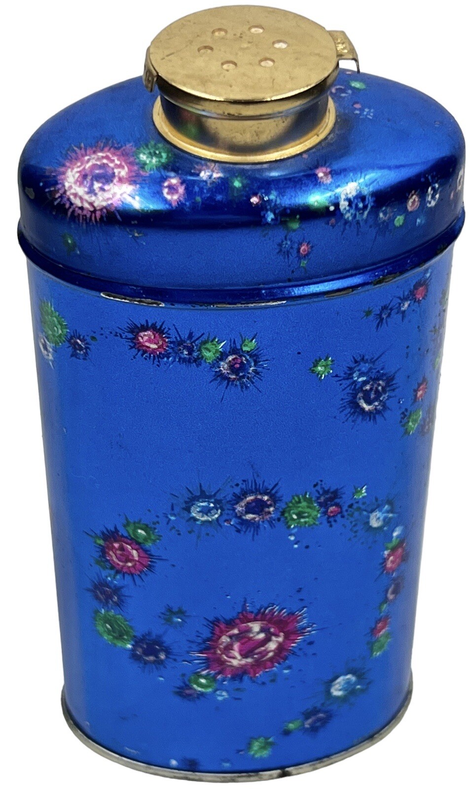 Rare Antique Gewey Talcum Powder Tin Litho Can Richard Hudnut Emerald Ruby Gems