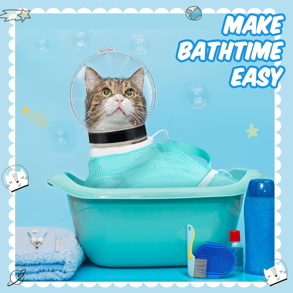 8 Pcs Cat Muzzle Set with Adjustable Cat Bathing Bag Breathable Clear Muzzle Pet