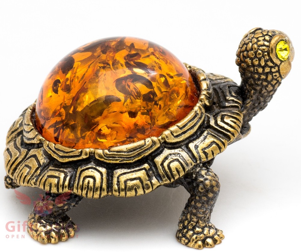 Solid Brass Amber Figurine Tortoise Turtle smiles happily talisman IronWork