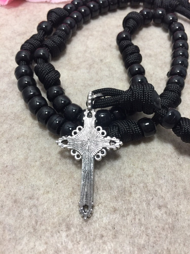 St. Michael Catholic Rosary- Paracord Rosary- Black Beads Rosary - Handmade