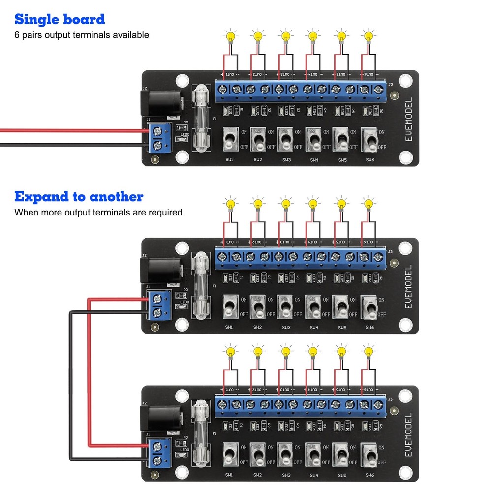 Evemodel 3V-24V DC Individual Toggle Switch Power Distribution Module 6 Channels