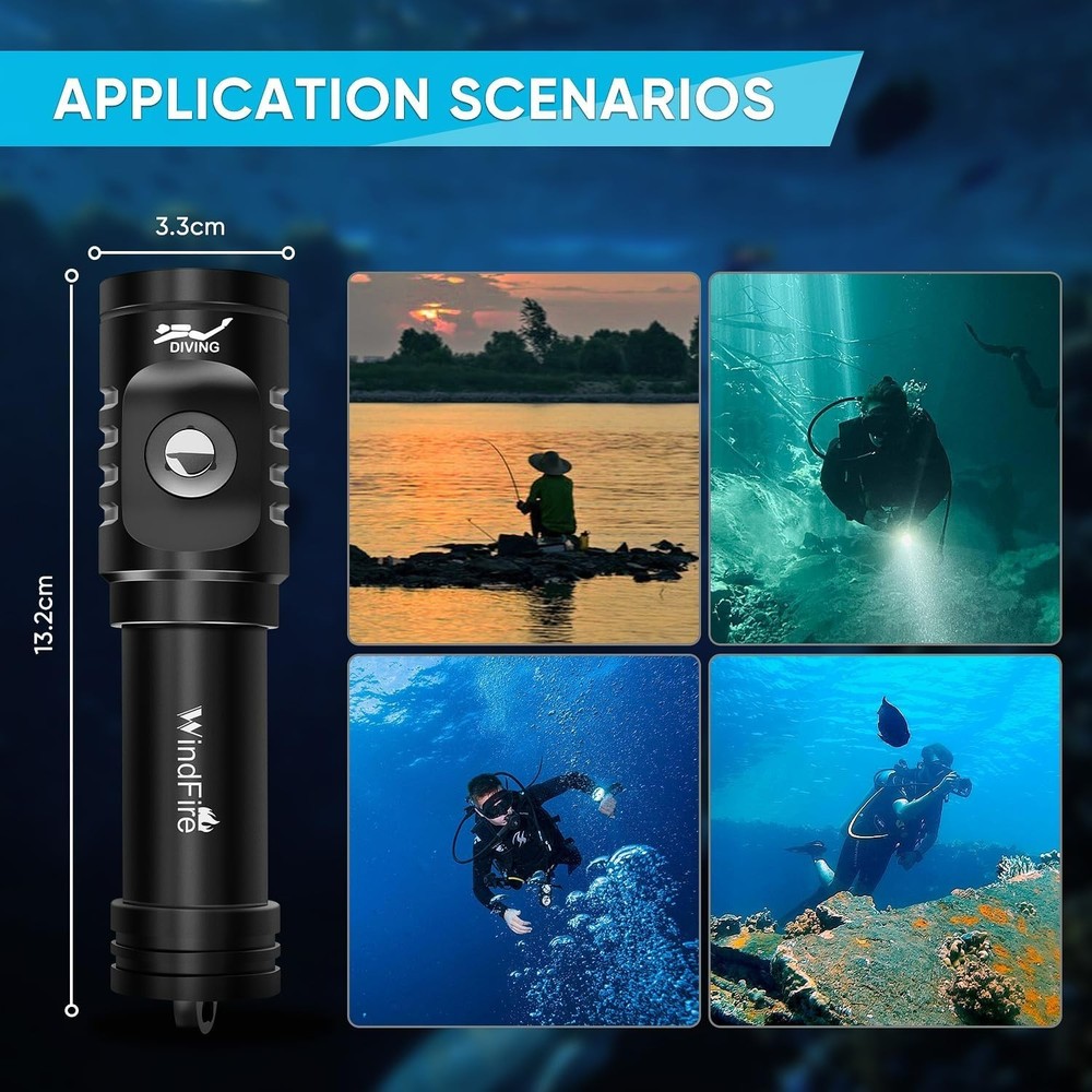 Dive Light Scuba Diving Flashlight, Super Bright Rechargeable Waterproof Torch