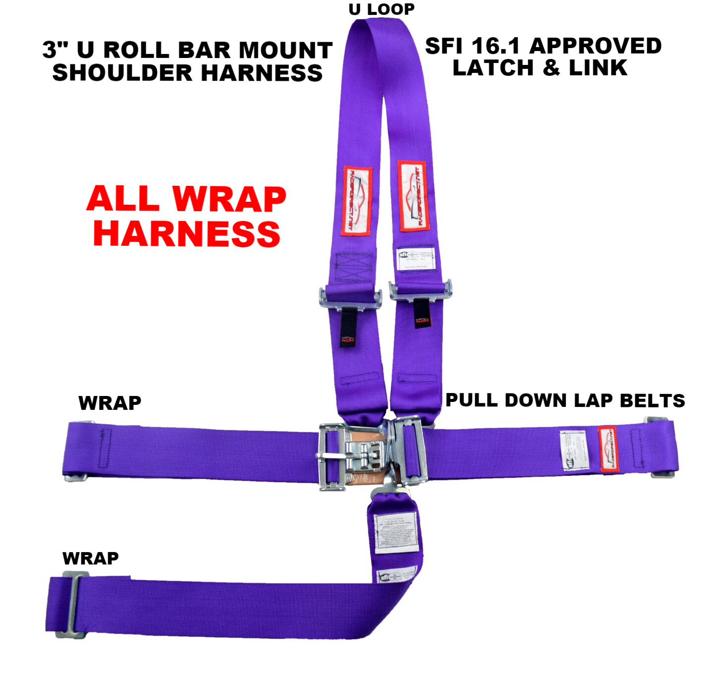 DRAGSTER RACING HARNESS SFI 16.1 LATCH & LINK ALL WRAP 5 POINT HARNESS PURPLE
