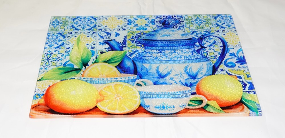 Mediterranean Lemon Tea Pot Glass Cutting Board - Unique Kitchen Decor Gift