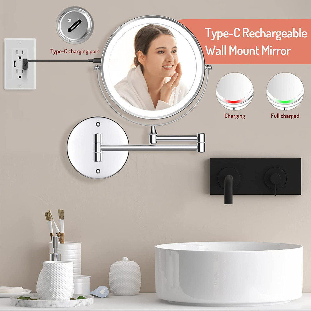 Rechargeable Wall Mounted Lighted Makeup Mirror Chrome, 8 Inch Double-Sided LED