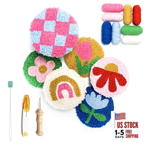 Punch Needle Kit, Set of 6 Coasters, Includes Beginner Video Tutorials and