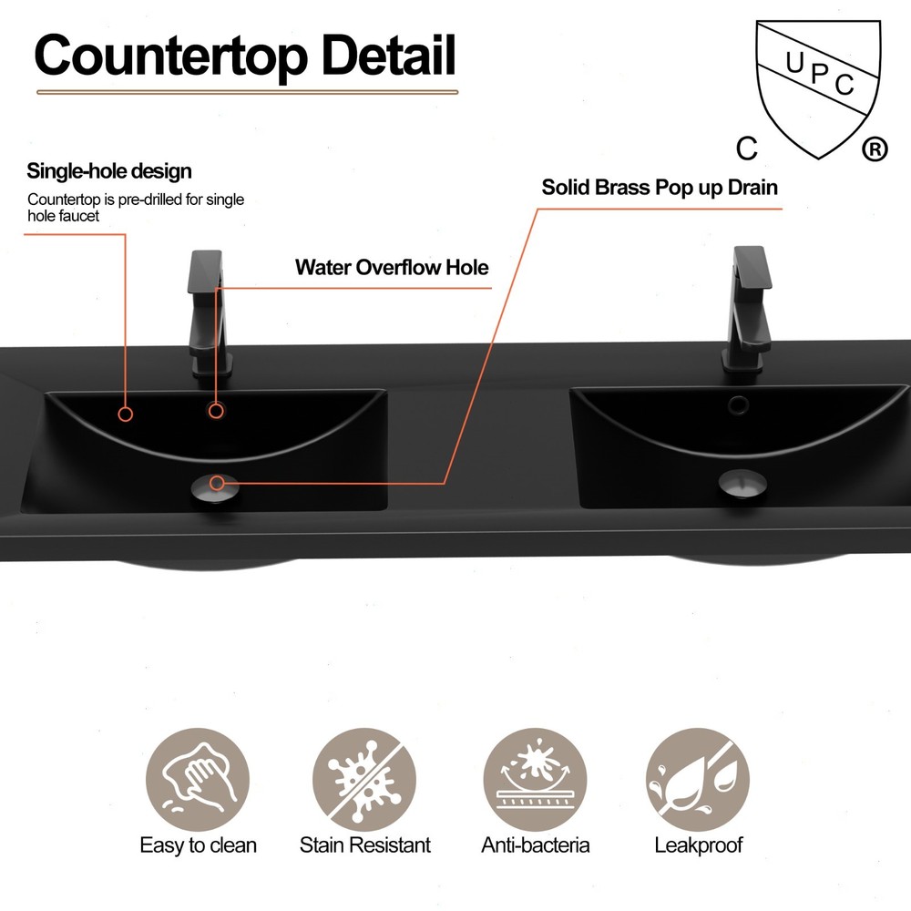60" Double Sink Vanity Top Undermount Bathroom Sink