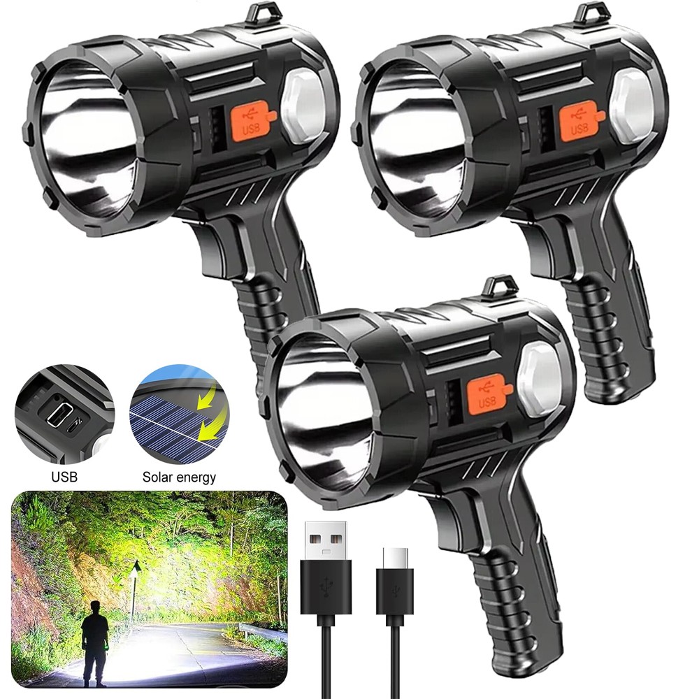 3x 90000000LM Bright Solar/USB Rechargeable LED Spotlight Flashlight Searchlight