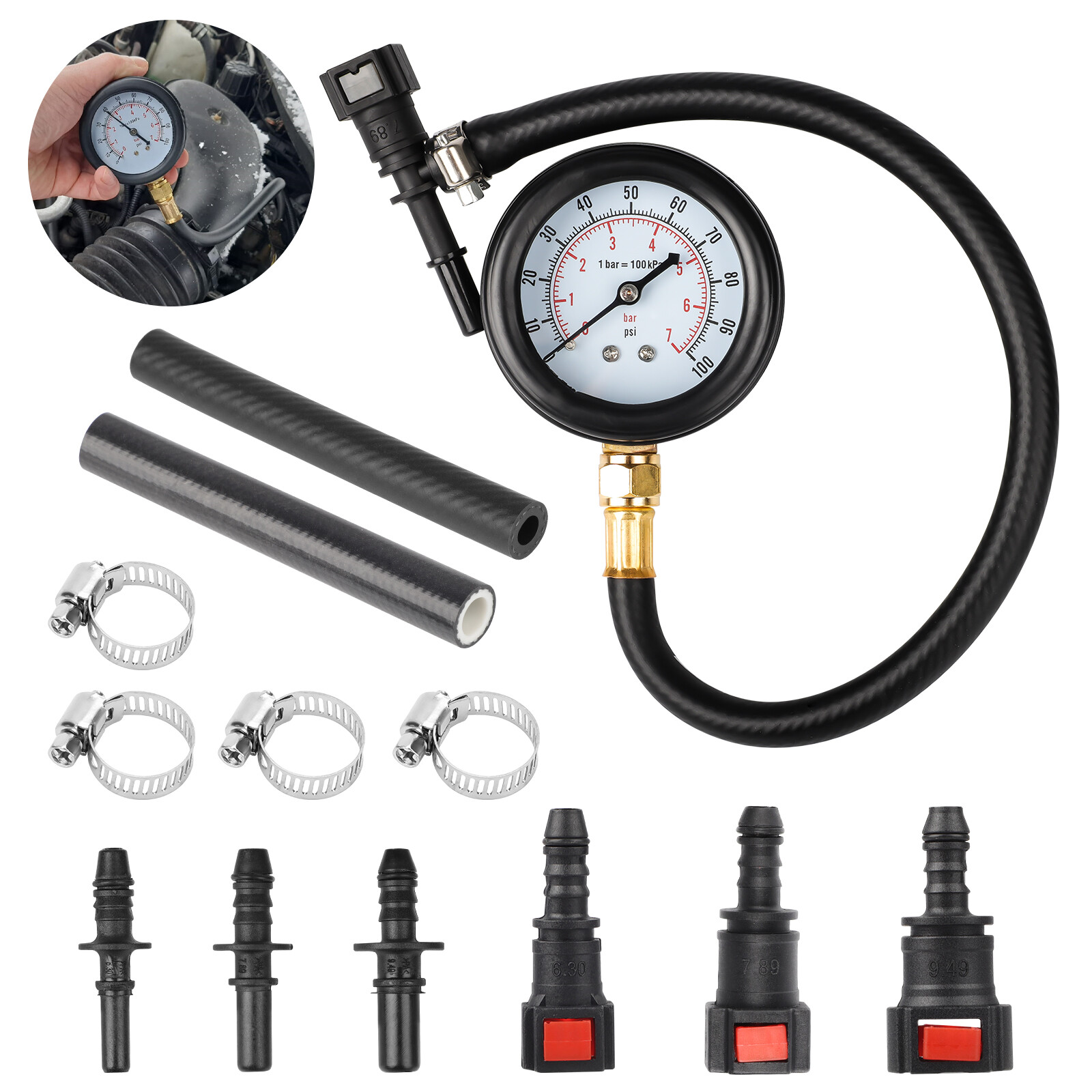 Fuel Injection Pressure Tester Injector Pump Gauge Kit with 3 Connectors 100 PSI