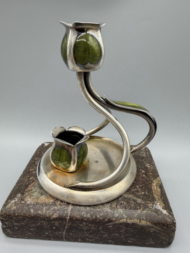Austrian Art Nouveau Silver and Enamel Candlestick by Georg Adam Scheid, ca 1900
