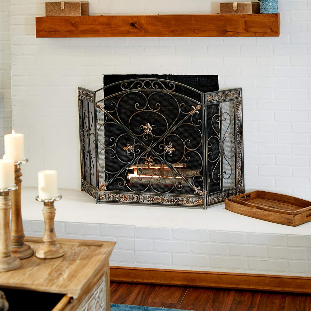 Metal Scroll Fireplace Screen Foldable Arched 3 Panel with Fleur De Lis Accents,