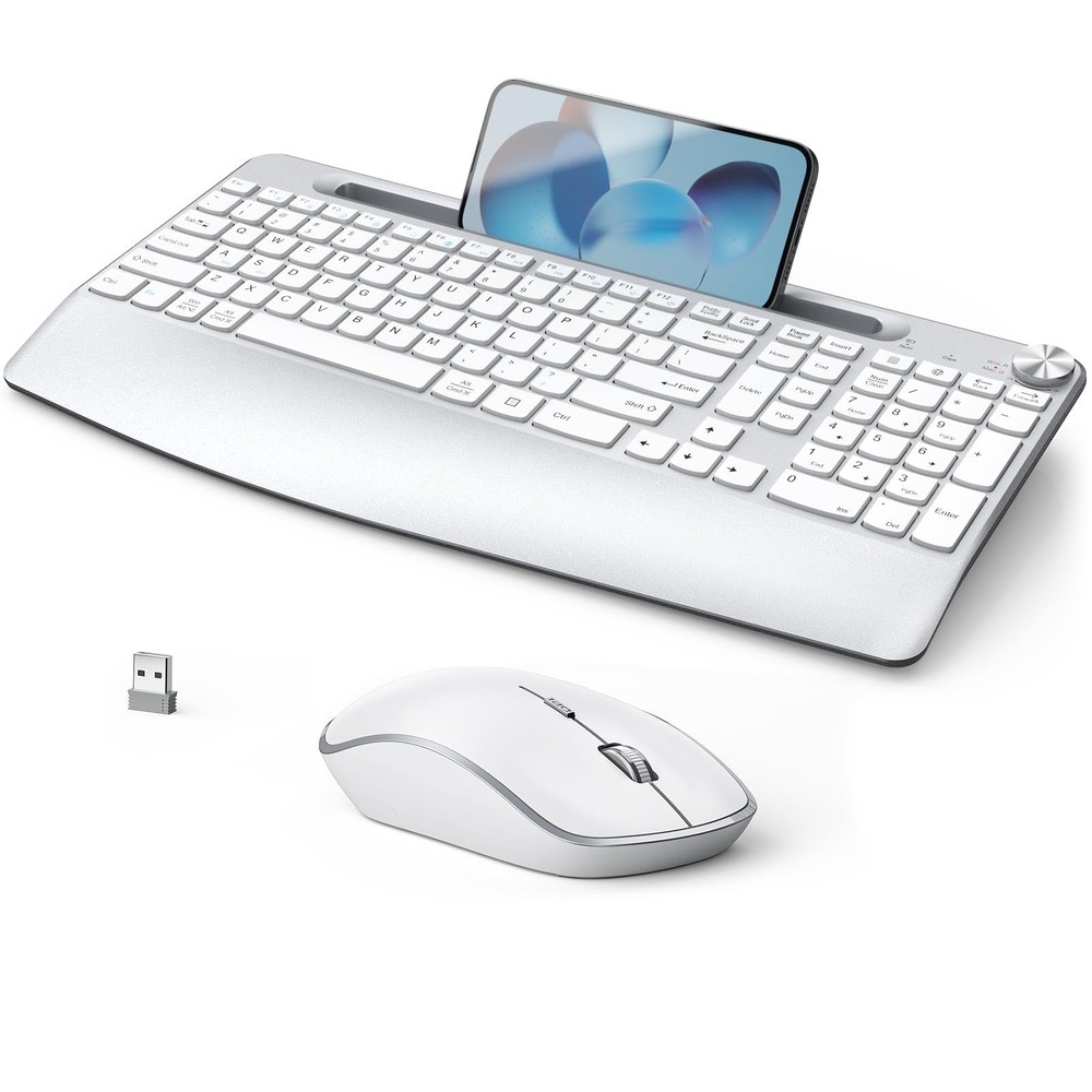 Ergonomic Wireless Keyboard Combo with Holder, Wrist Rest, Volume Control