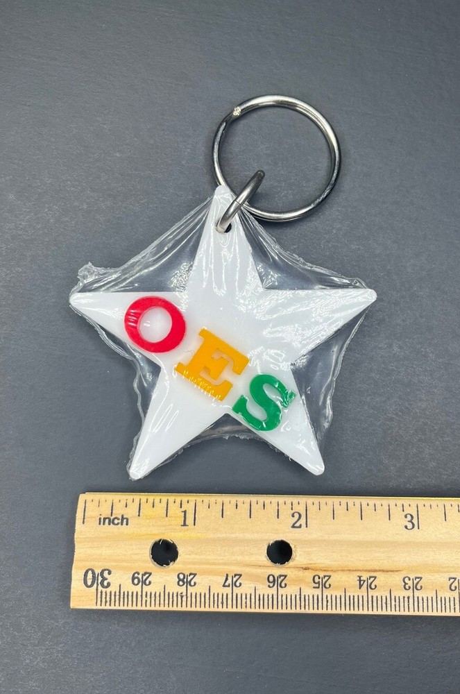 O E S Crest Key Chain Eastern Star Key Ring - White/Blue Plastic - New