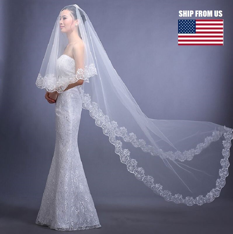 10Ft Long White Wedding Bridal Veils with Embroidery Lace Edge Bride Supplies US