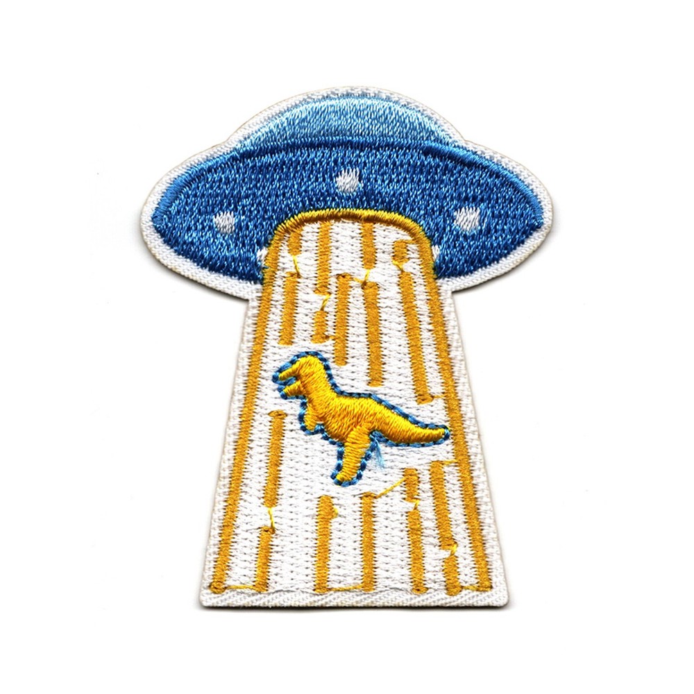 UFO Dinosaur Embroidered Iron On Patch – Alien Abduction Appliqué