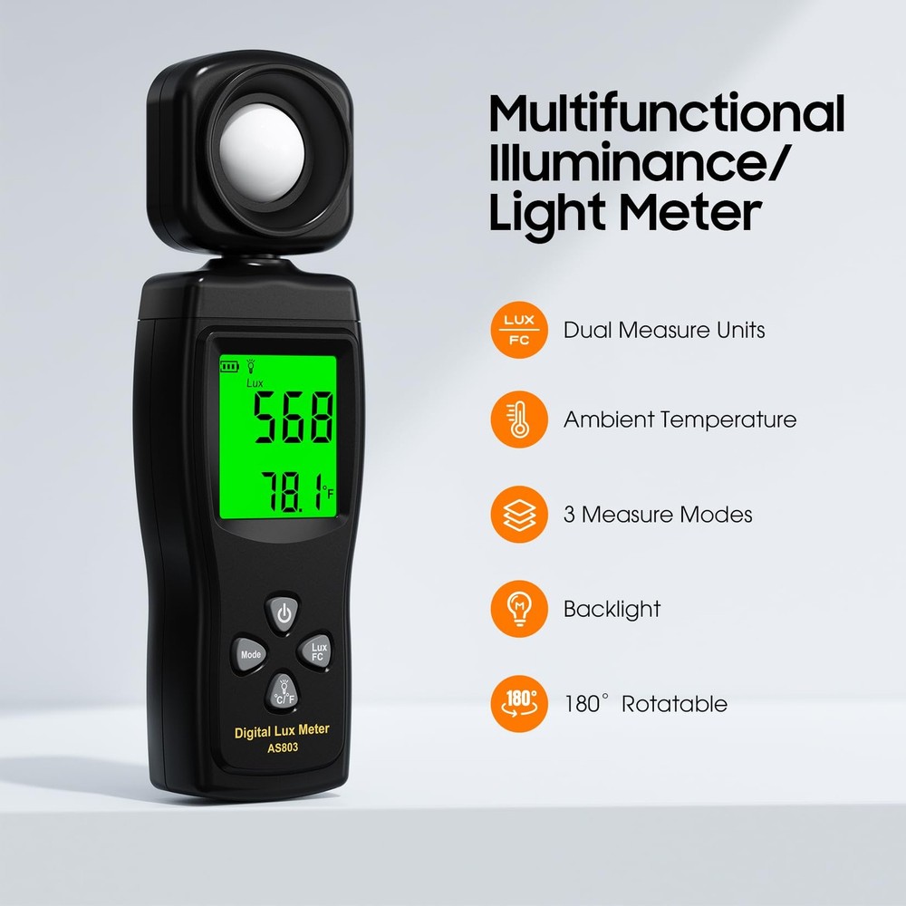 Digital Illuminance Light Meter 0200,000 Lux 180 Rotating Sensor Backlight