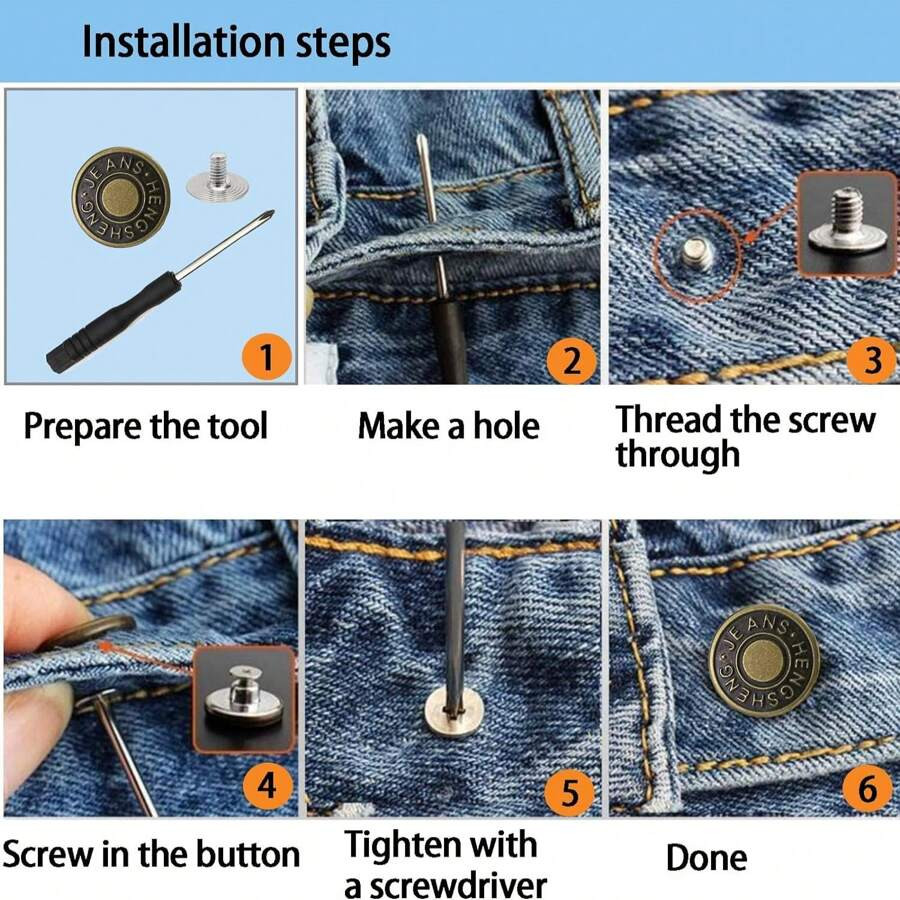 6 PCS Jeans Buttons No Sew Jean Button Replacement with Screwdriver 17mm