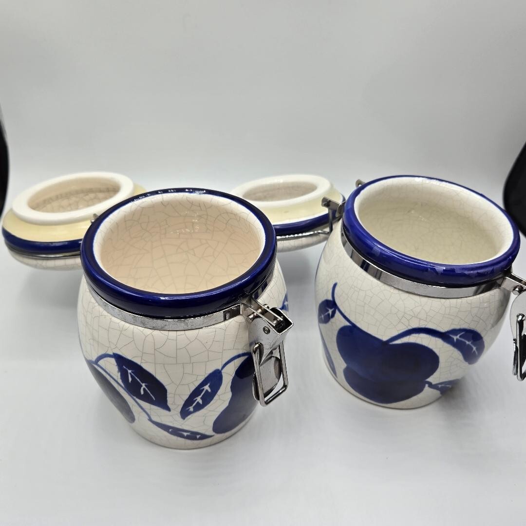 Vintage 80's Delph Blue/White Handpainted Glazed Crackle Canisters w/ Hinged Lid