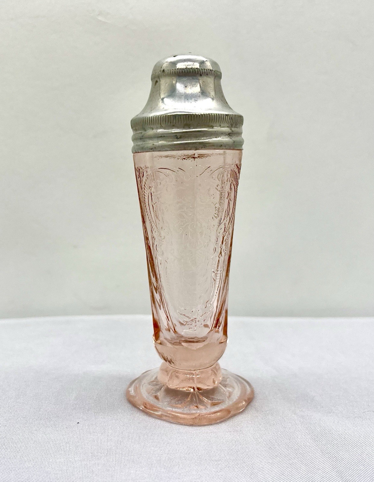 Vintage Pink Depression Glass Footed Salt Pepper Shaker Floral Panel Metal Lid