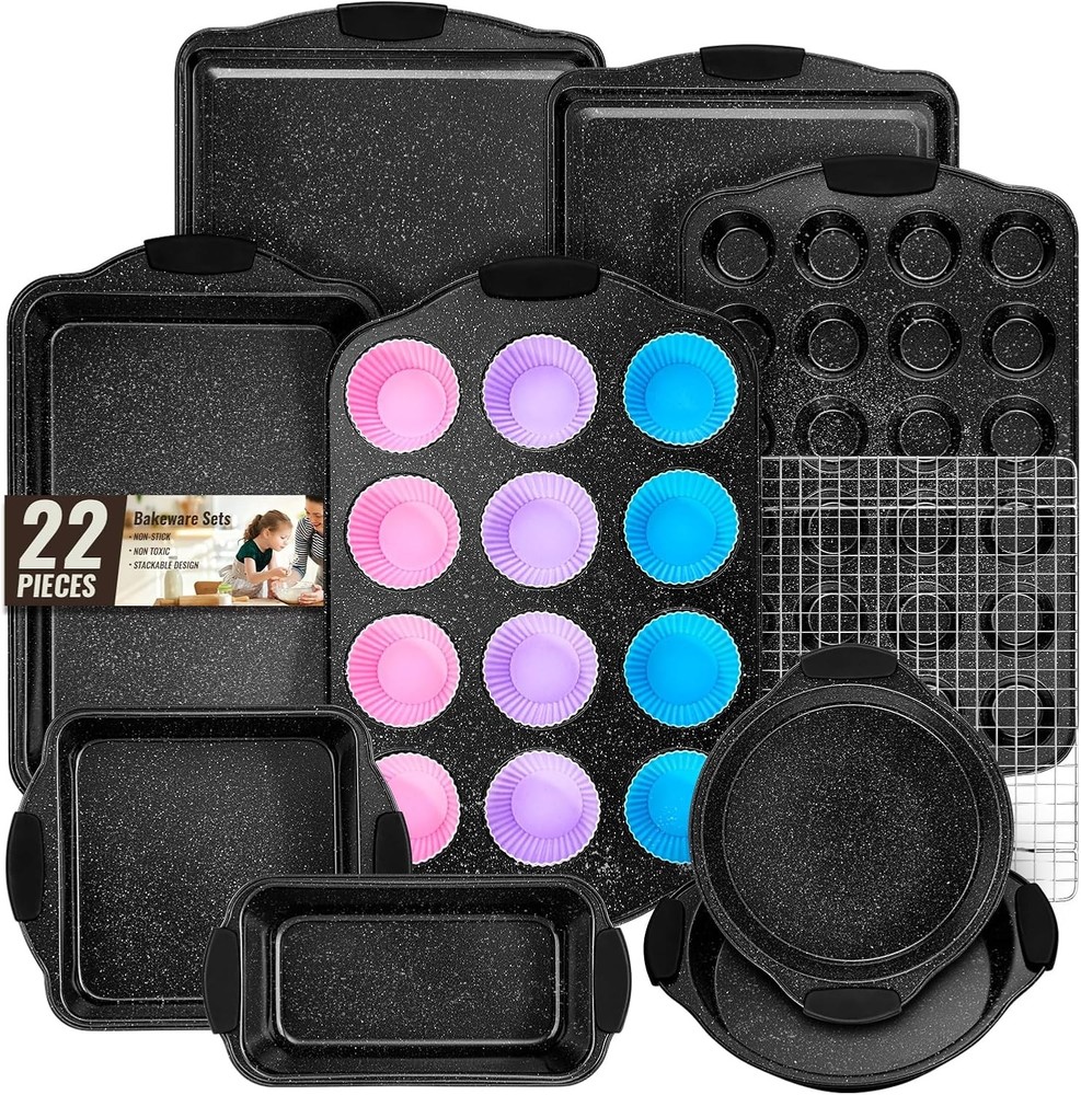 Baking Pans Set Nonstick Bakeware Sets Stackable W/ Silicone Handles 22 Pieces