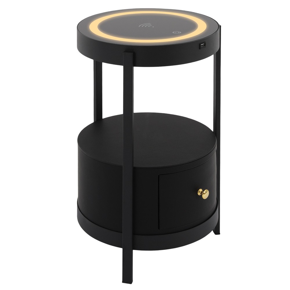 LED Nightstand w/ Black Drawer Side Table with USB & Wireless Charging