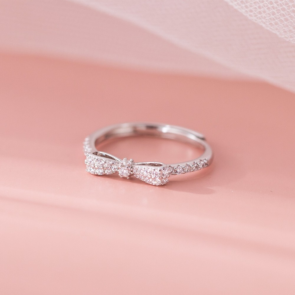 Sparkling Bow Ring in Sterling Silver Adjustable Open Stacking Knot Ring Gift