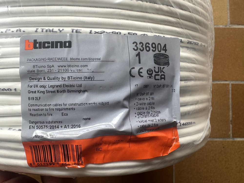 Bticino 336904 180 Metre Cable for Video Intercom Applications - White