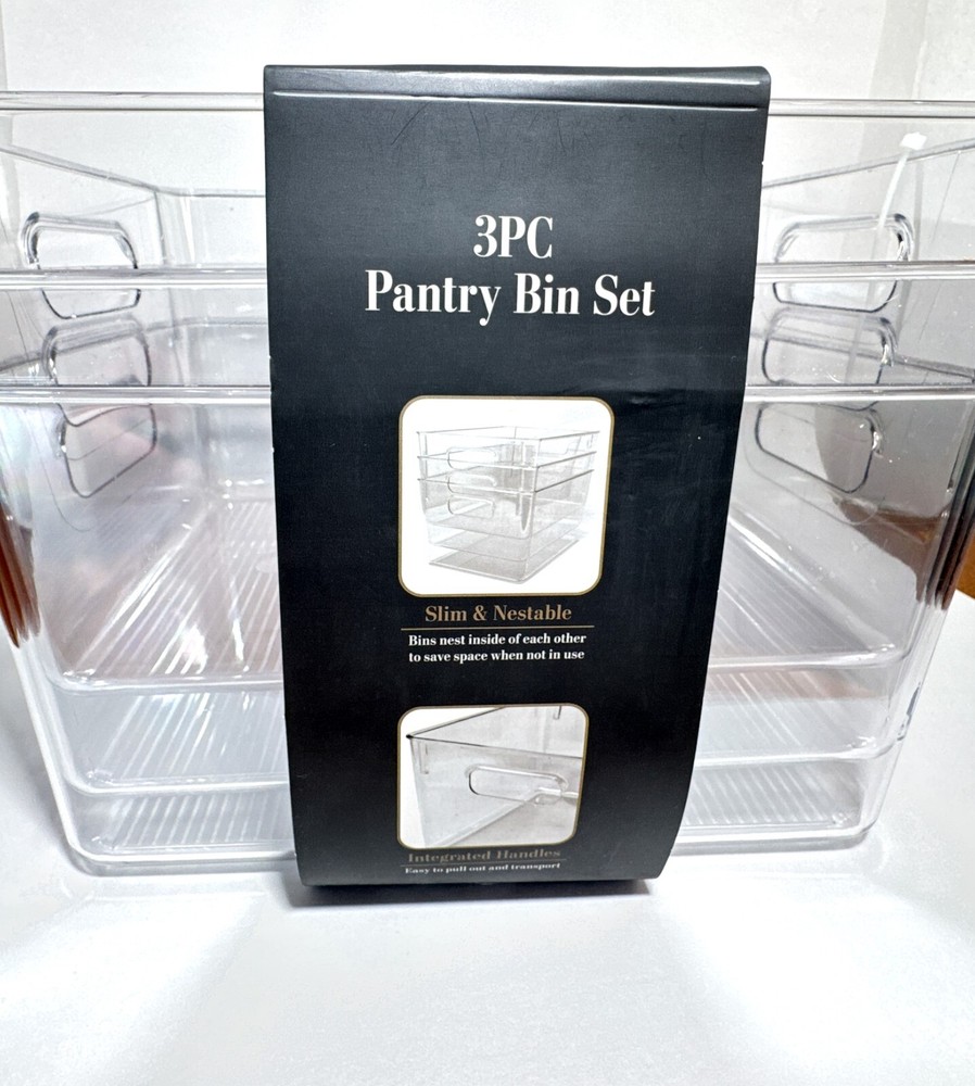 Pantry 3pc Rectangular Plastic Bin Set 11 x 8 x 6 Clear Durable BPA Free Plastic