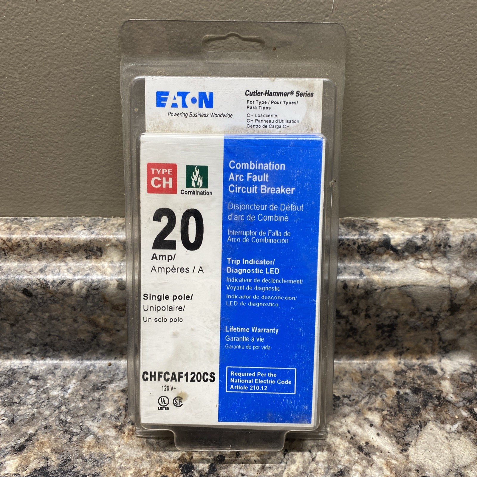 Eaton 20 amp single pole combination arc fault circiut breaker CHCAF120CS NOS