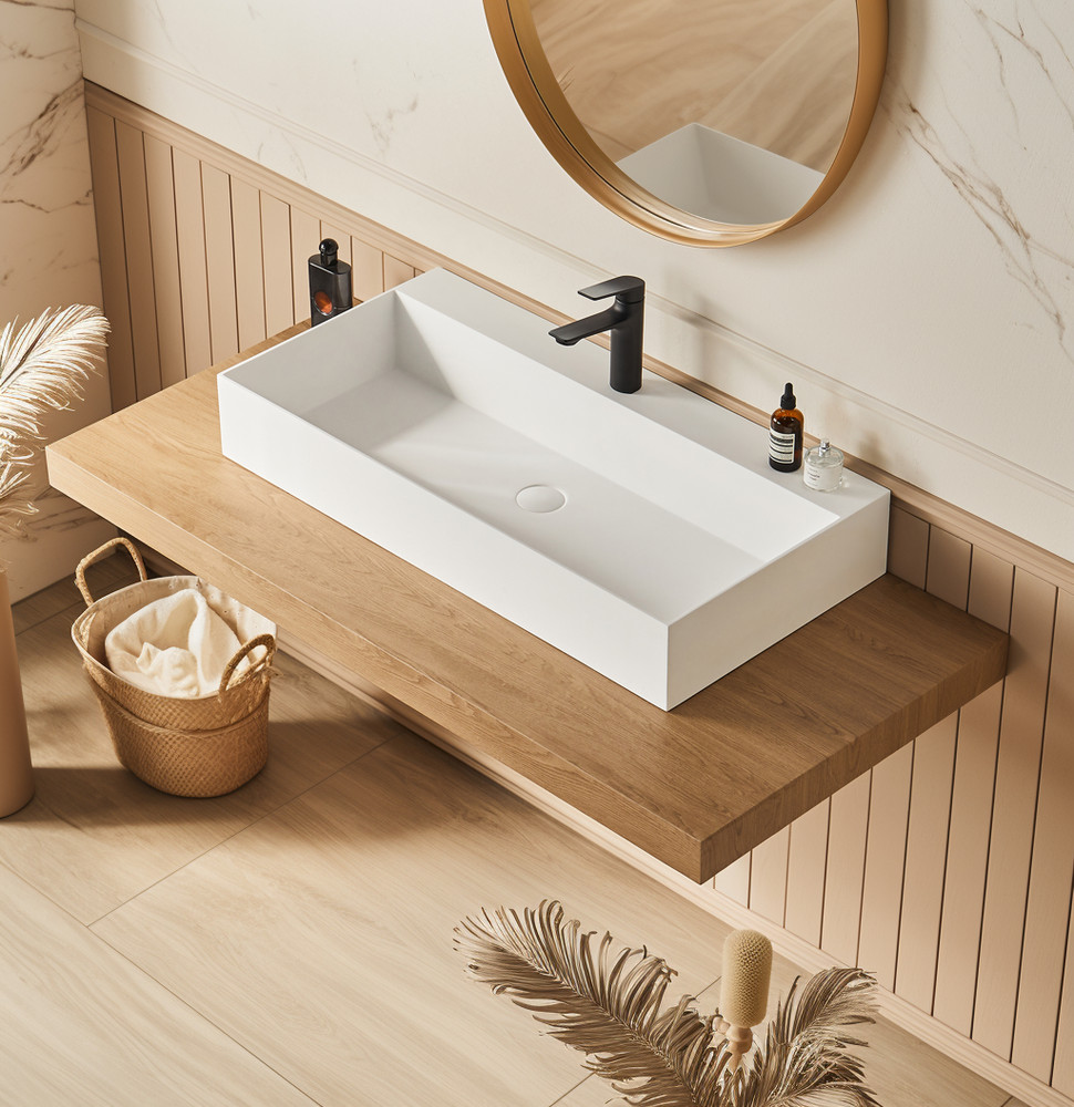 36" x 18" Solid Surface Wall Mount Rectangle Matte White Vessel Sink with Fauc