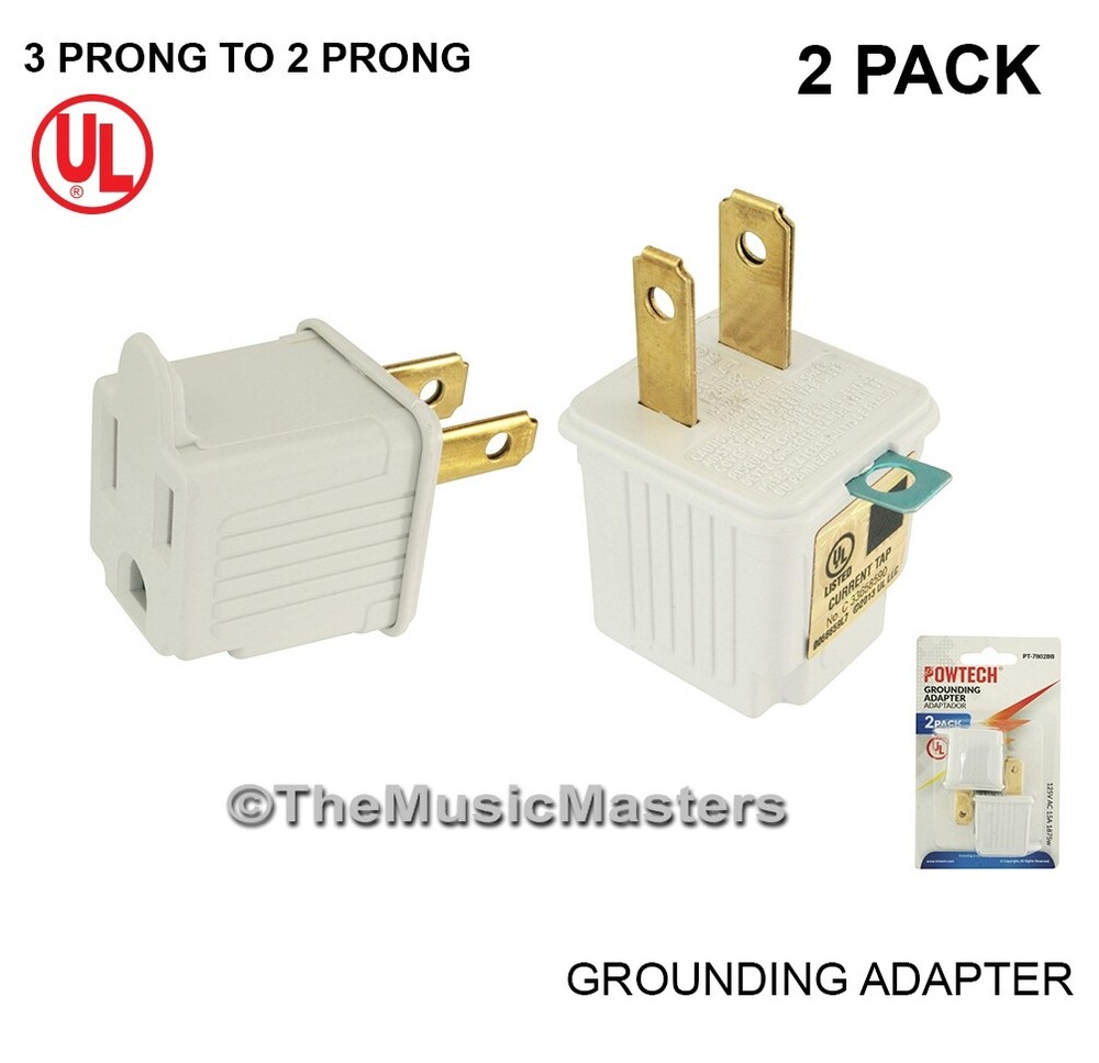(2) White GROUNDING ADAPTERS Electrical Wall Plug 3 Prong Socket 2 Prong Plug