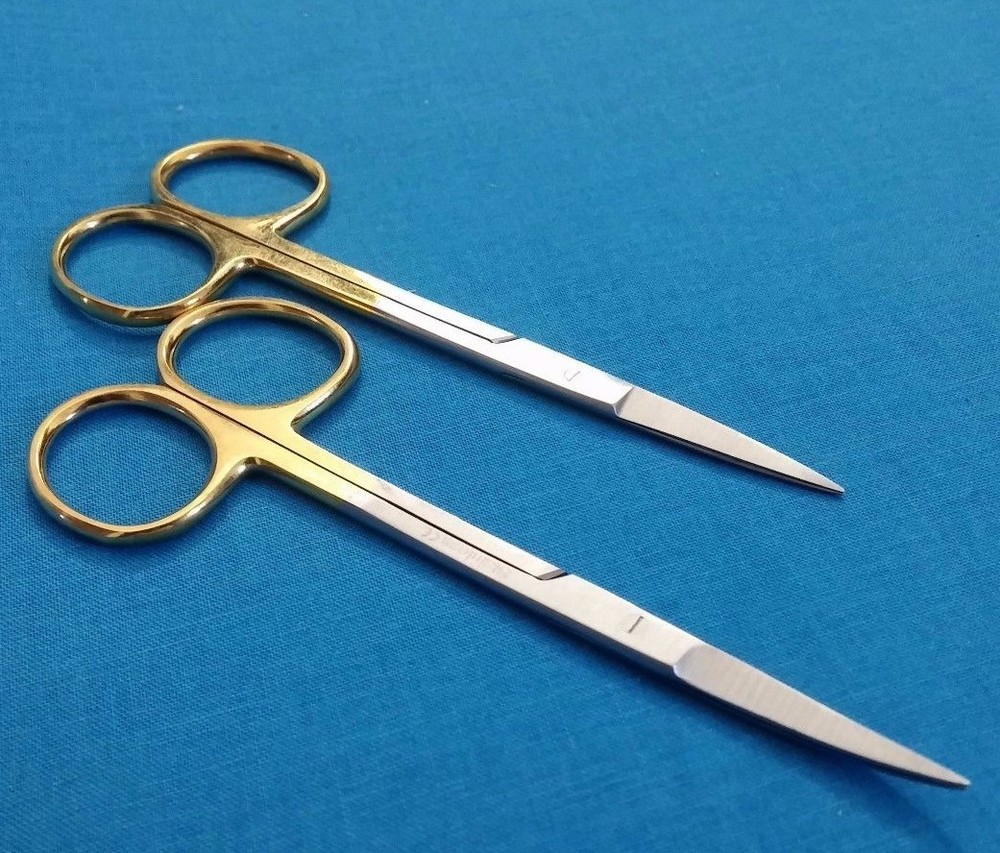2 GOLD HANDLE ASSORTED IRIS MICRO DISSECTING SCISSORS STRAIGHT + CURVED 4.5"