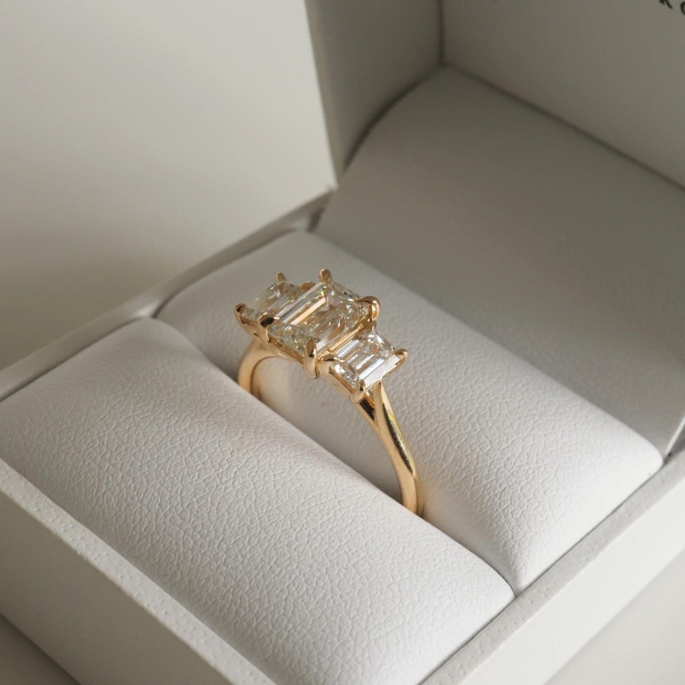 1.25 Ct Emerald Cut Lab Created Three Stone Ring - Step Cut Engagement Ring