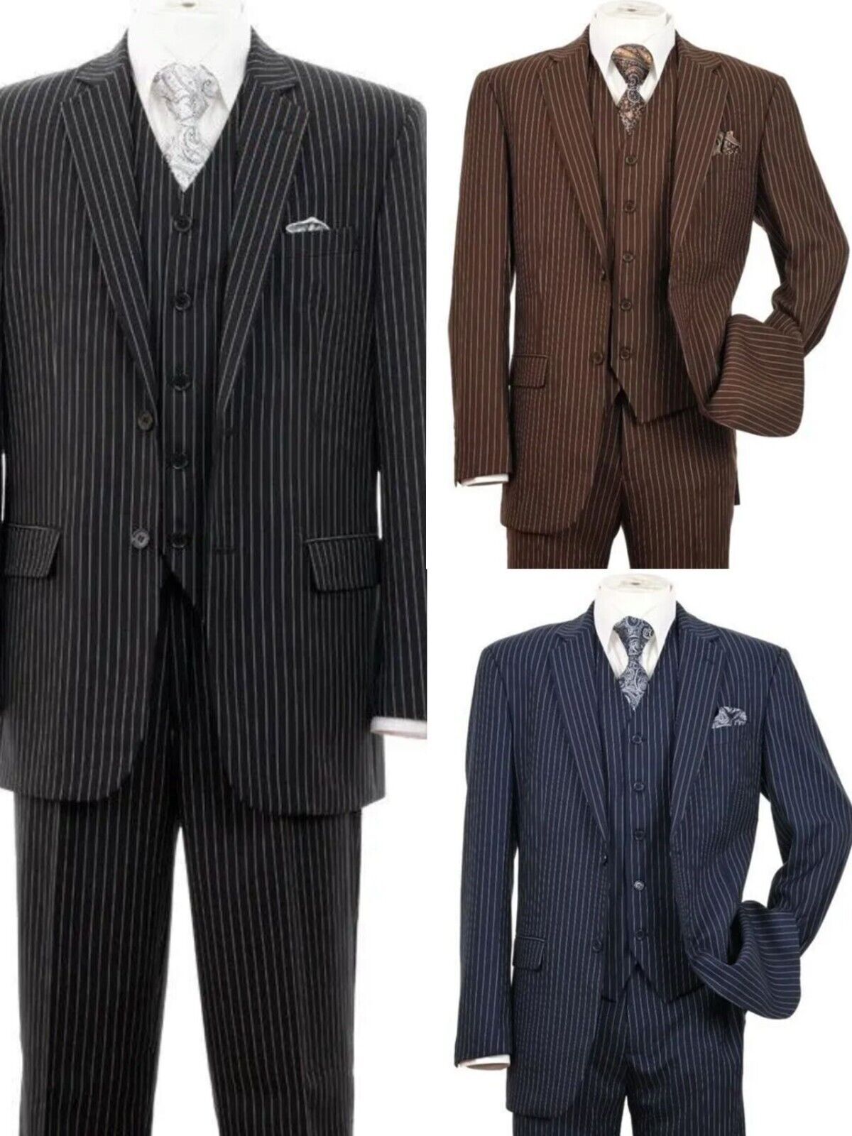 New Men's 3 piece w/ Vest Classic Luxurious Wool Feel Suits 2-Button Pinstriped