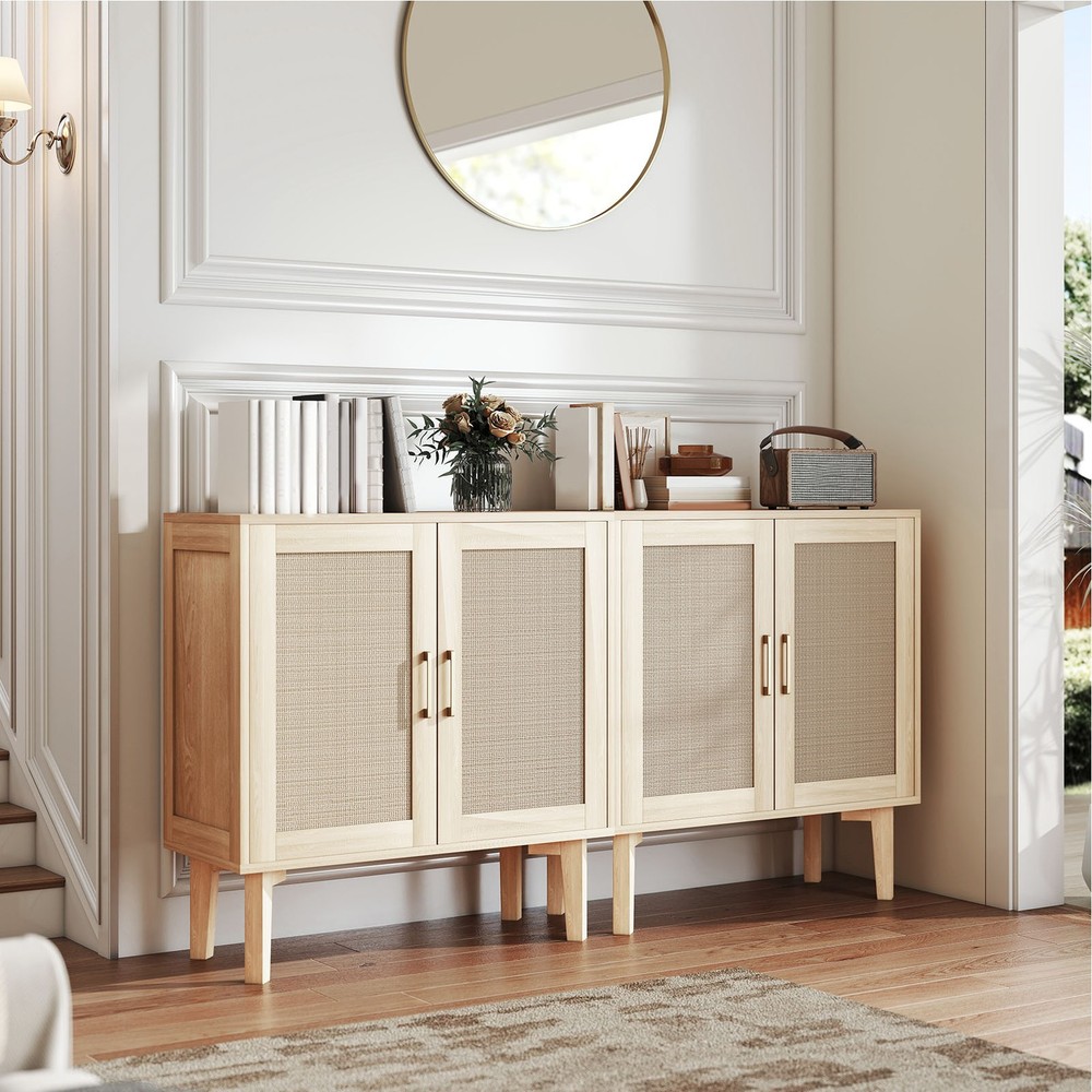 Buffet Cabinet With Rattan Decor Doors Solid Wood Feet Multifunctional PHPF
