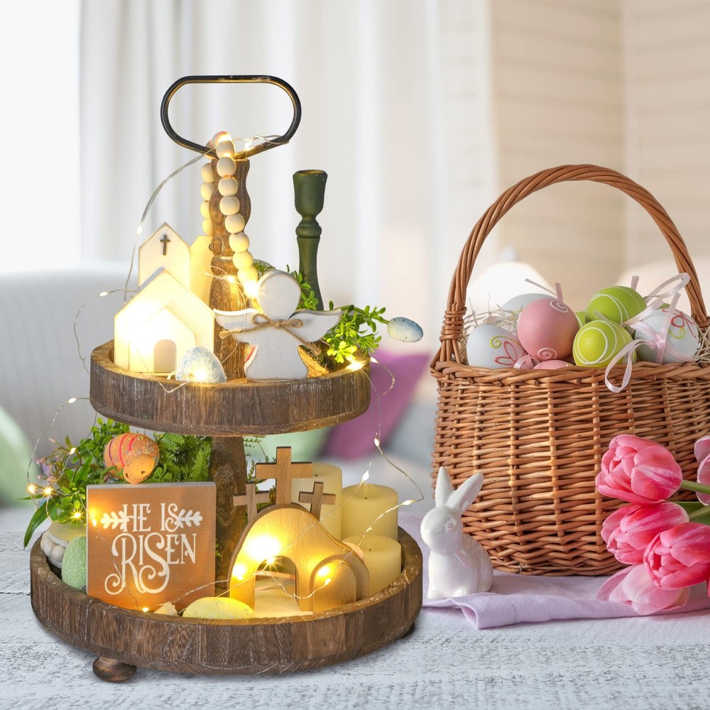 Glenmal 4 Pcs Easter Tiered Tray Decor He is Risen Religious Brown, White