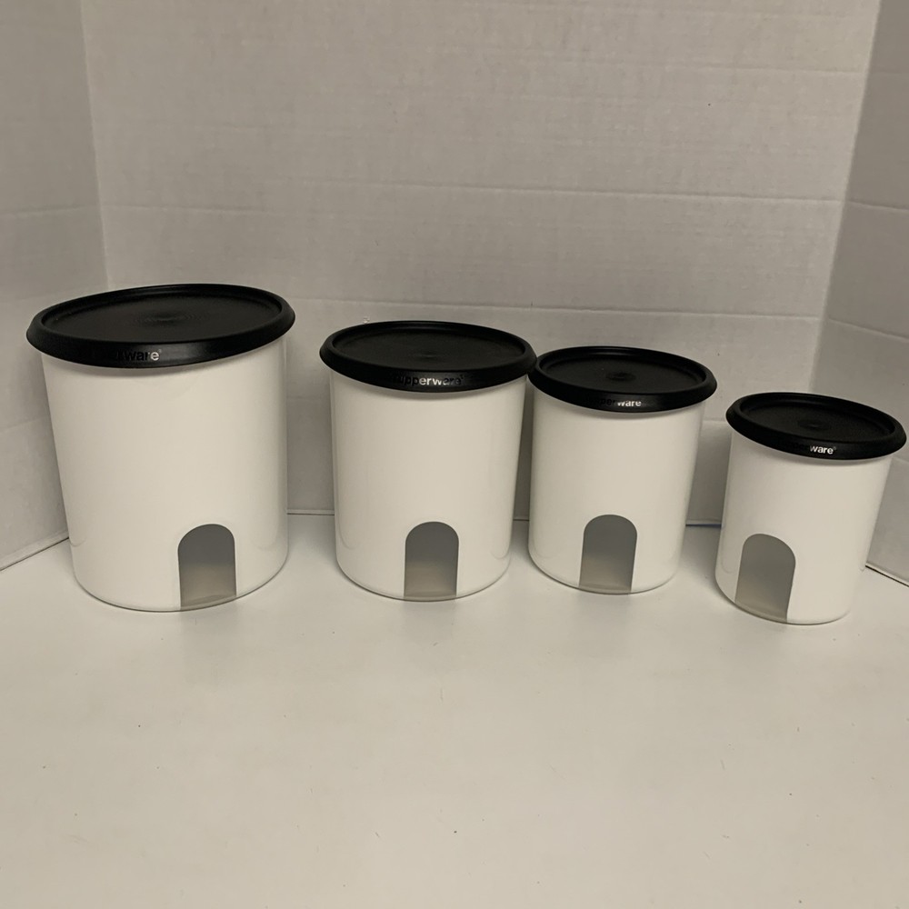 4 Tupperware One Touch Reminder Canisters Black Seals W/ Windows Stackable