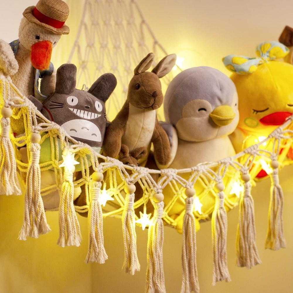 Handmade Macrame Stuffed Animal Hammock with Lights - Corner Storage Solution