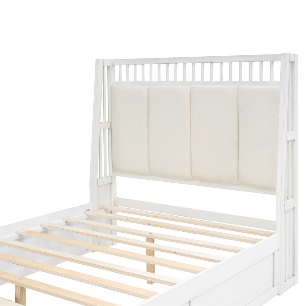 Full/Queen Size Bed Frame Upholstered Platform Bed Frame with 2 Drawers White