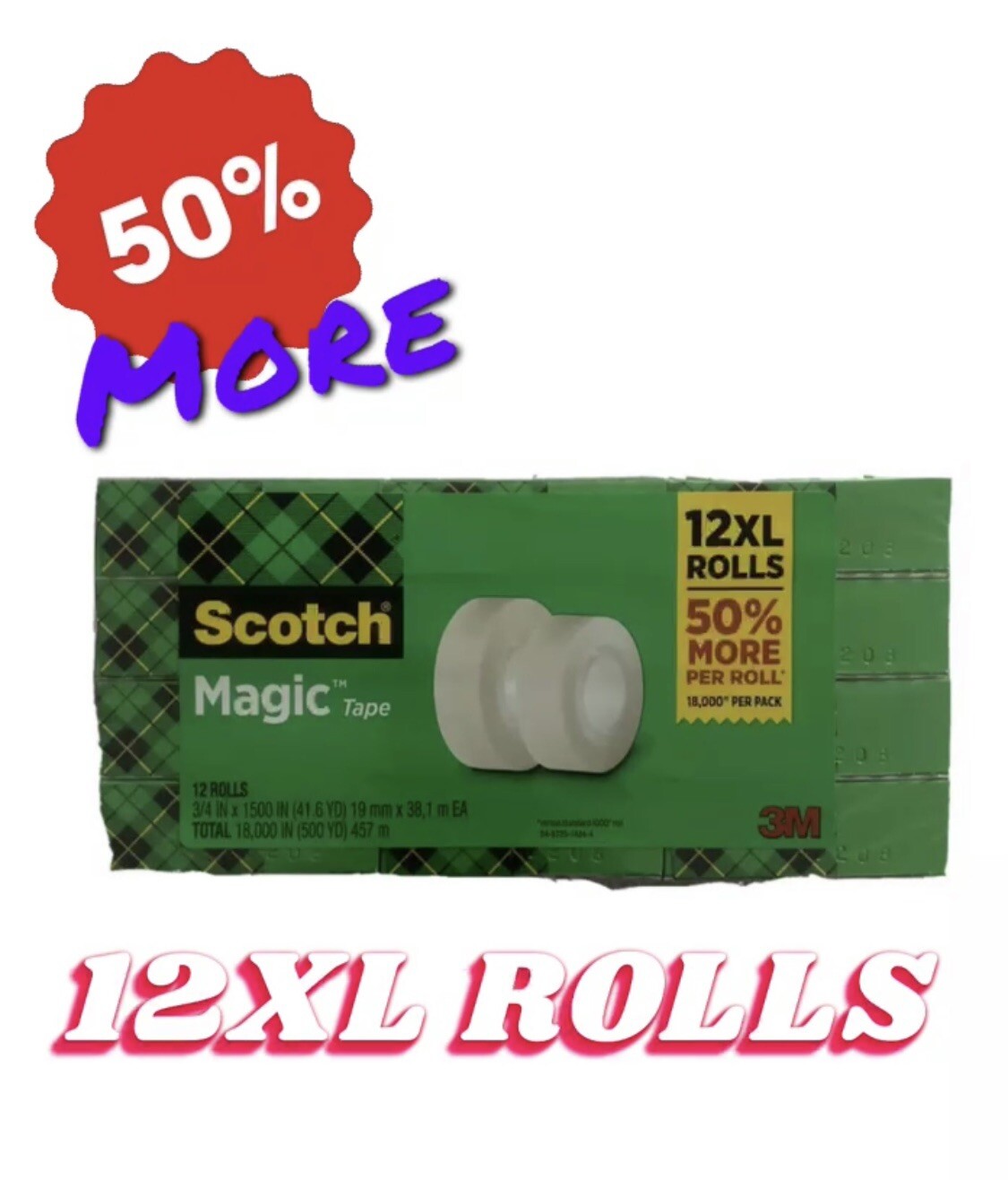 Scotch Magic Tape Refill 12 Rolls, 3/4" x 1500" Extra Large