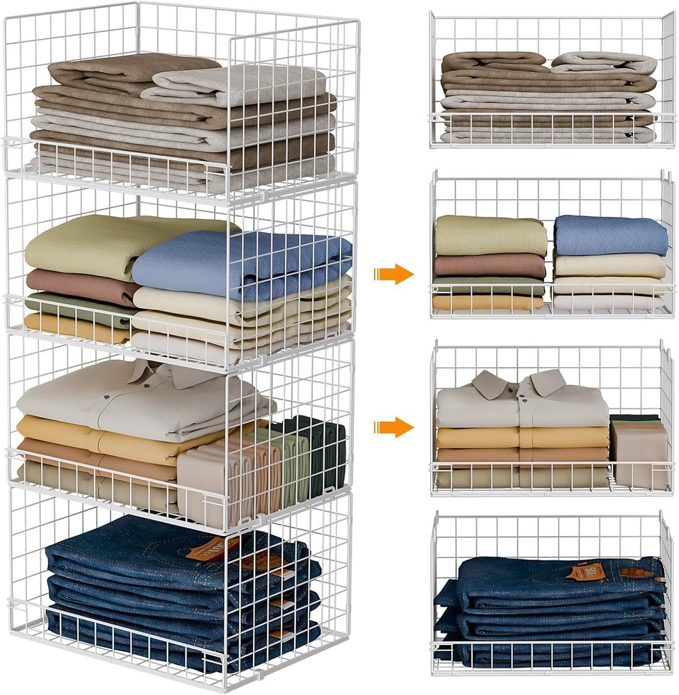 4-Tier Stackable Closet Organizer Storage Basket Foldable Closet Shelf