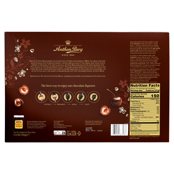 ANTHON BERG CHERRY SENSATIONS LUXARDO - 33 DARK CHOCOLATE BOTTLES W/ CHERRY FILL