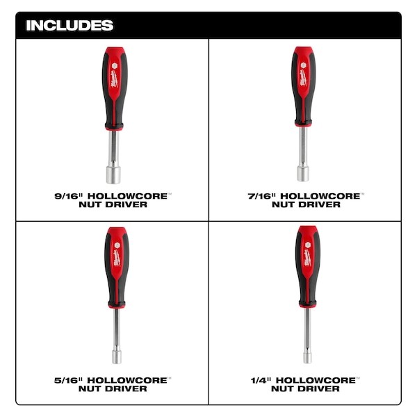 Milwaukee Tool 48-22-2444 4 Pc Hollowcore(Tm) Sae Nut Driver Set