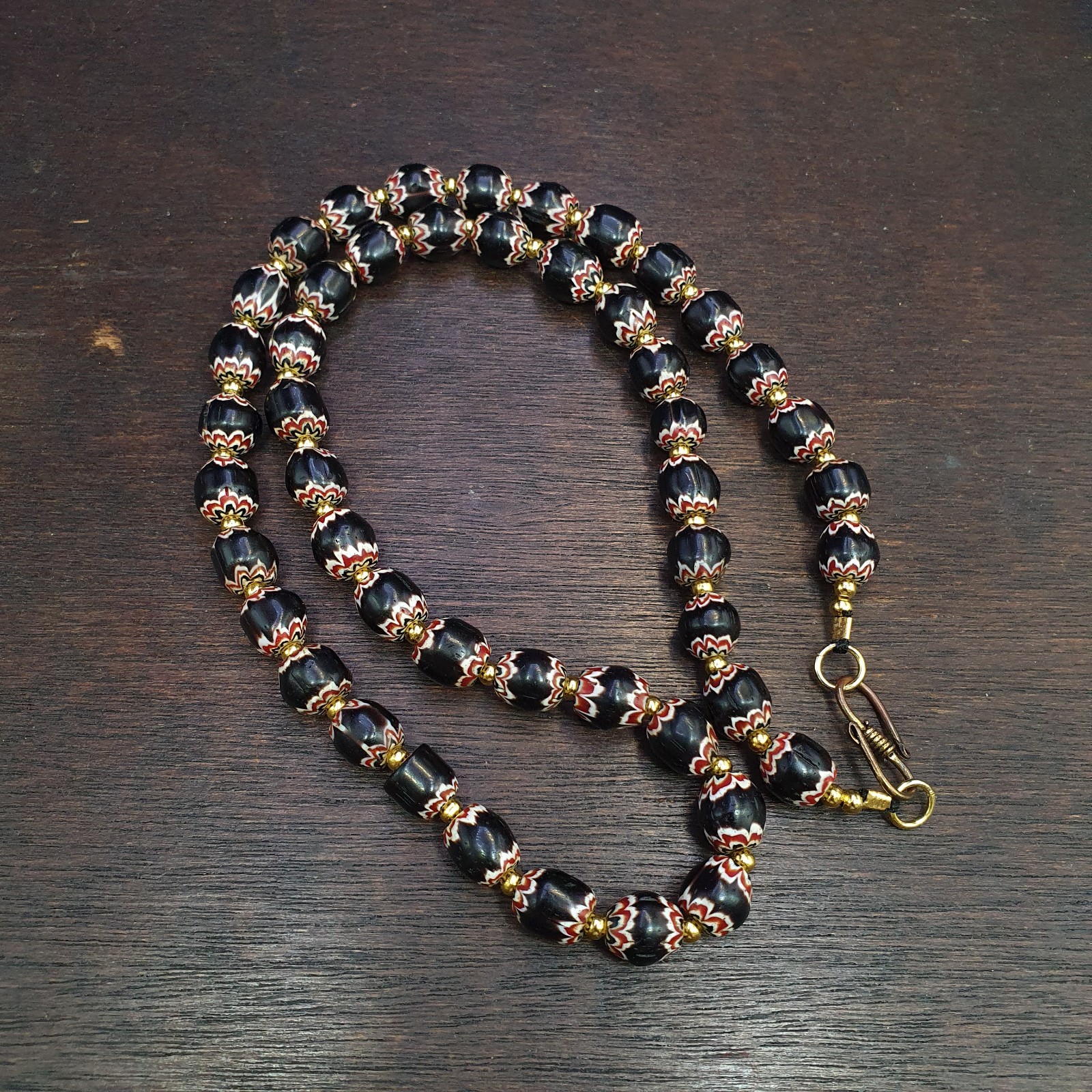 Vintage Venetian Style beads Old African black Glass Chevron Beads Long Strand