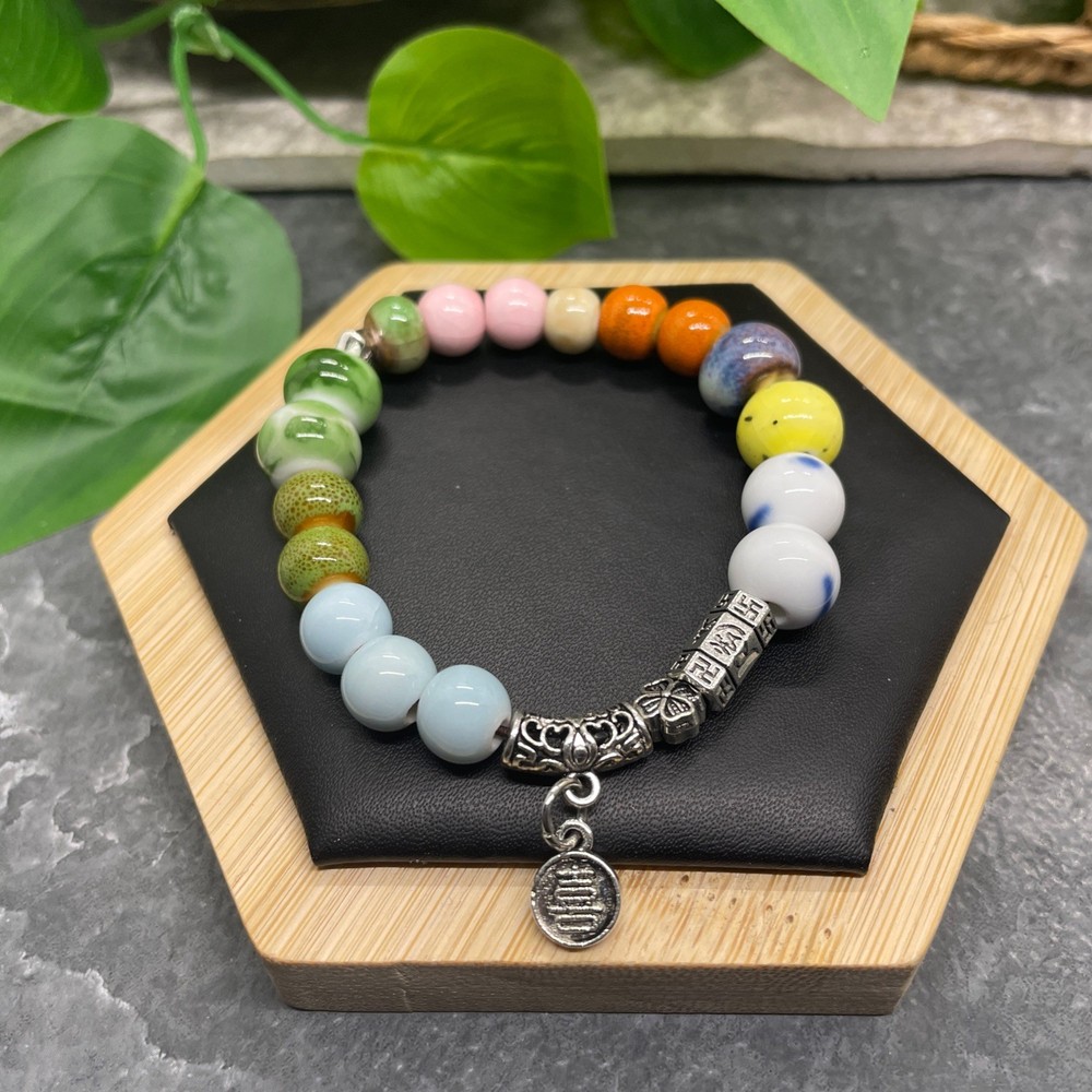 Handmade Ceramic Bead Beaded Stackable 6.25” Plus Stretch Bracelet New B486