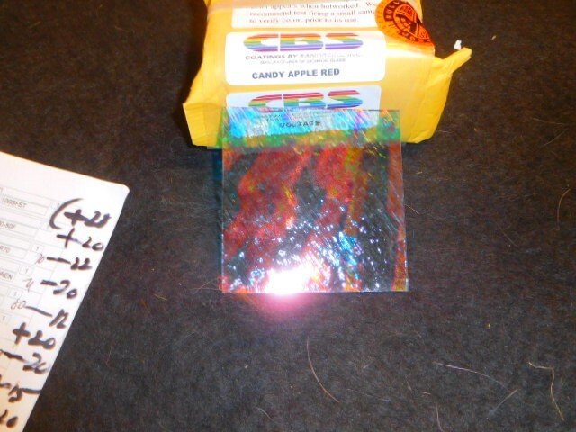 Dichroic Glass:CBS 90COE Candy Apple Red Voltage Pattern on Thin Clear -3"Sq