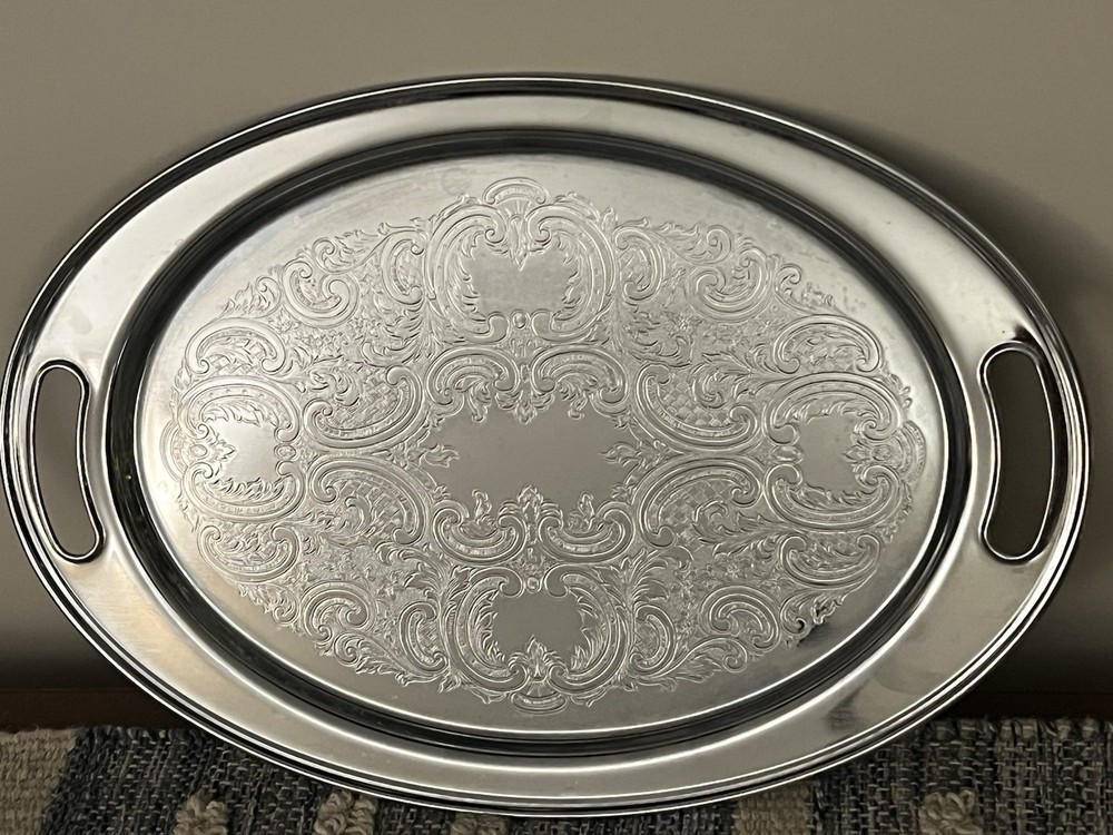 Vtg Sheldon Ware NYC Silverplate Serving Tray Oval 18” Engraved Scroll Handles