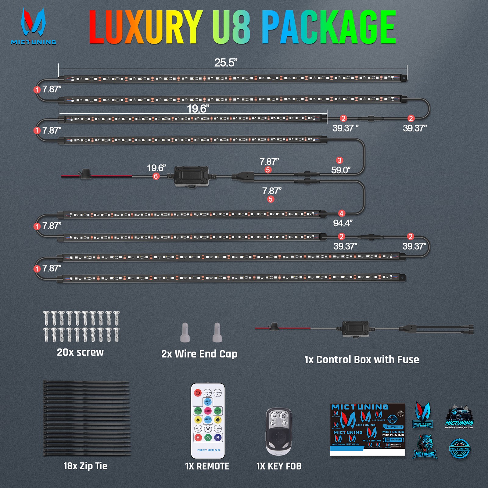 8Pcs RGB+IC Underglow LED Light Bar Car Exterior Neon Kit Underbody Light Strip